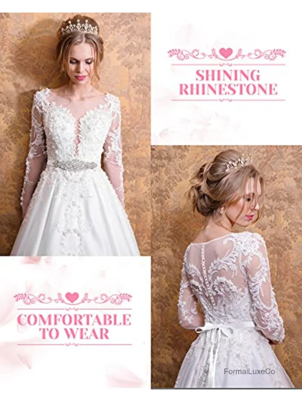 2 Pack Rhinestone Bridal Wedding Dress Sash Belt Crystal Diamond Ribbon Wedding